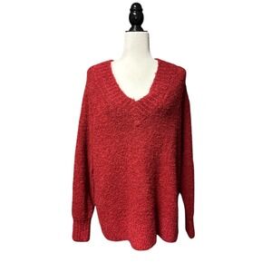 Aerie Red‎ Fuzzy Chunky V Neck Wool Blend Oversized Sweater Women's Size Small